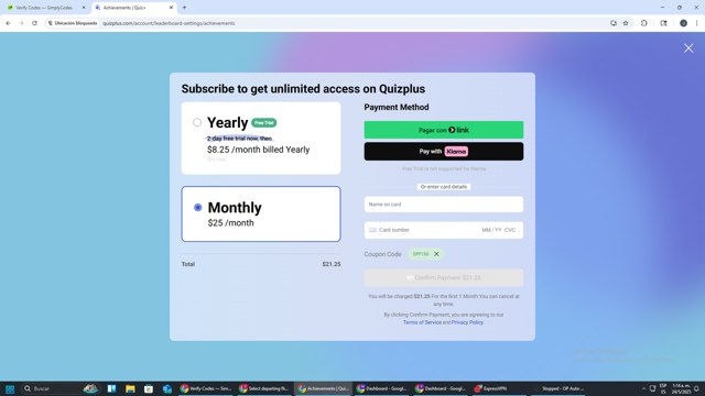 Quizplus checkout page showing Quizplus coupon code box | Screenshot taken by SimplyCodes community member on May 24, 2025
