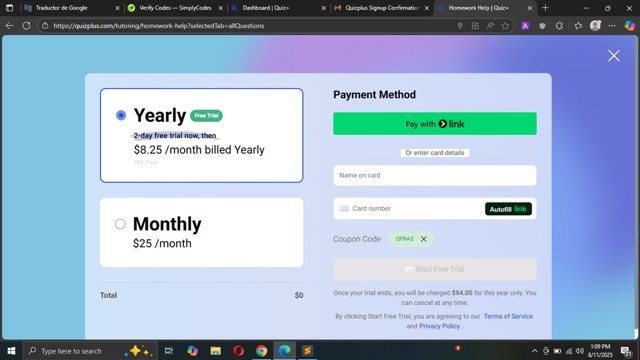 Quizplus checkout page showing Quizplus coupon code box | Screenshot taken by SimplyCodes community member on Aug 11, 2025
