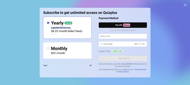 Quizplus checkout page showing Quizplus coupon code box | Screenshot taken by SimplyCodes community member on Jul 13, 2025