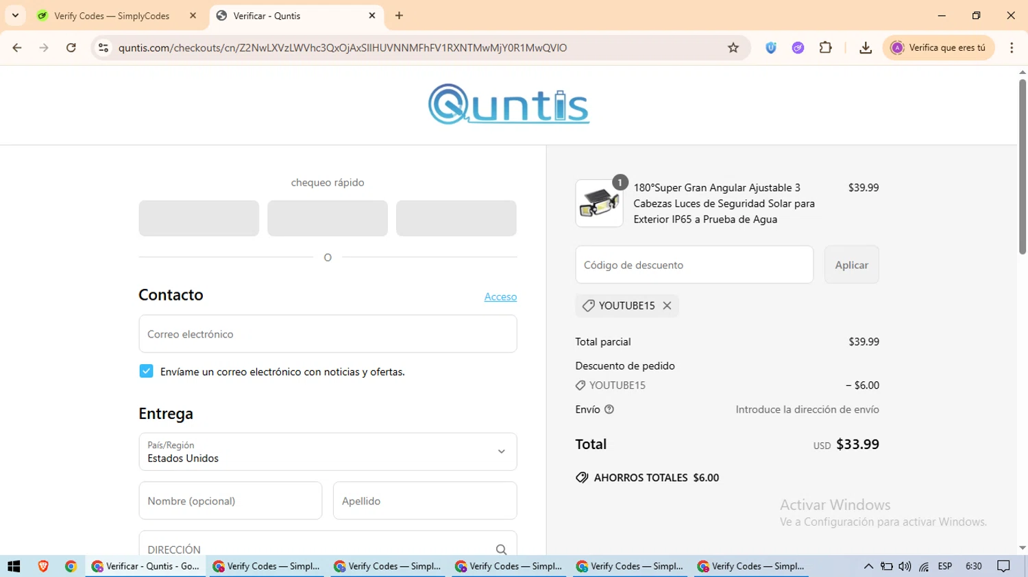 Quntis promo code screenshot showing code Youtube15 applied at Quntis checkout page. Uploaded by SimplyCodes community member ScanExpert2824 on Jun 24, 2025