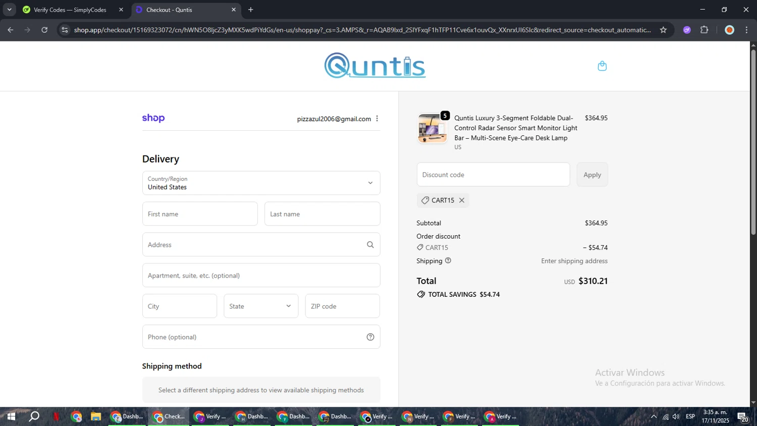 Quntis promo code screenshot showing code CART15 applied at Quntis checkout page. Uploaded by SimplyCodes community member BonusCaptain9927 on Nov 17, 2025