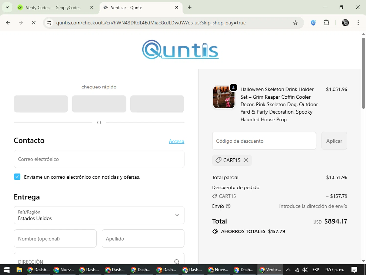 Quntis promo code screenshot showing code CART15 applied at Quntis checkout page. Uploaded by SimplyCodes community member PrimeKnight6101 on Oct 13, 2025