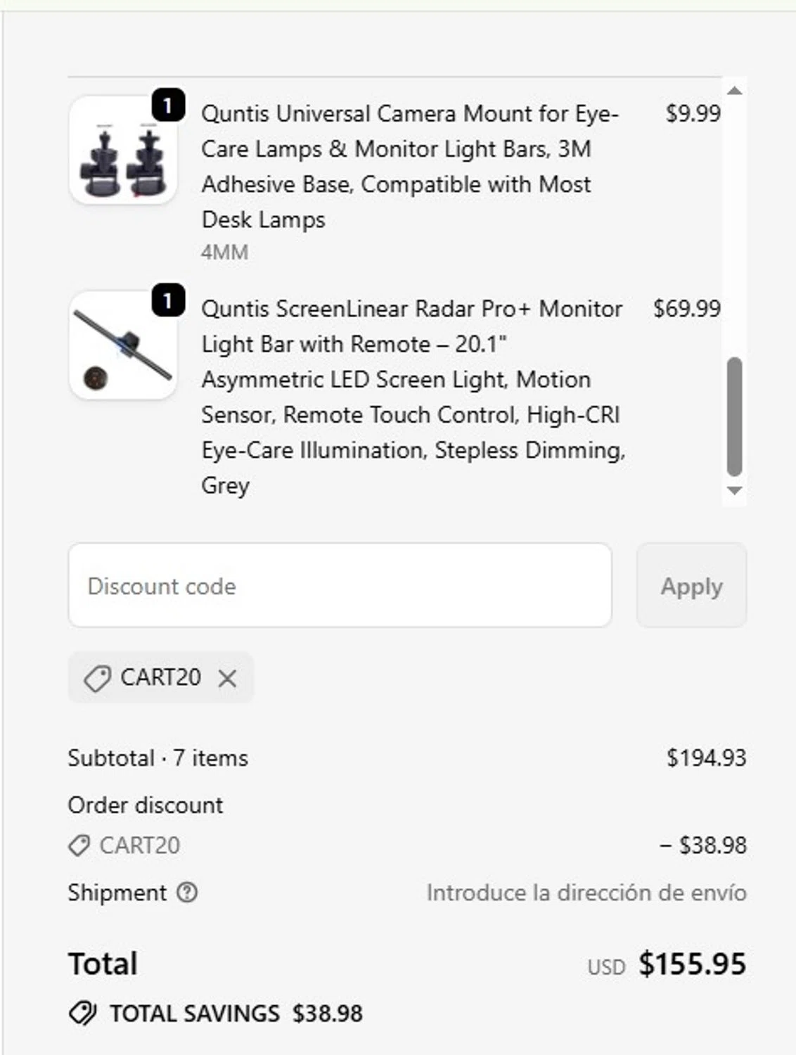 Quntis promo code screenshot showing code CART20 applied at Quntis checkout page. Uploaded by SimplyCodes community member PromoPhoenix1566 on Nov 1, 2025