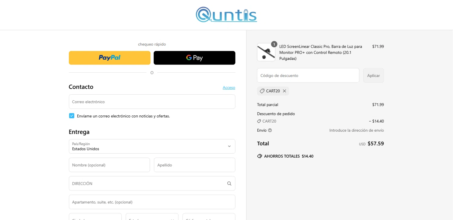 Quntis promo code screenshot showing code CART20 applied at Quntis checkout page. Uploaded by SimplyCodes community member dimitriv on Mar 17, 2025