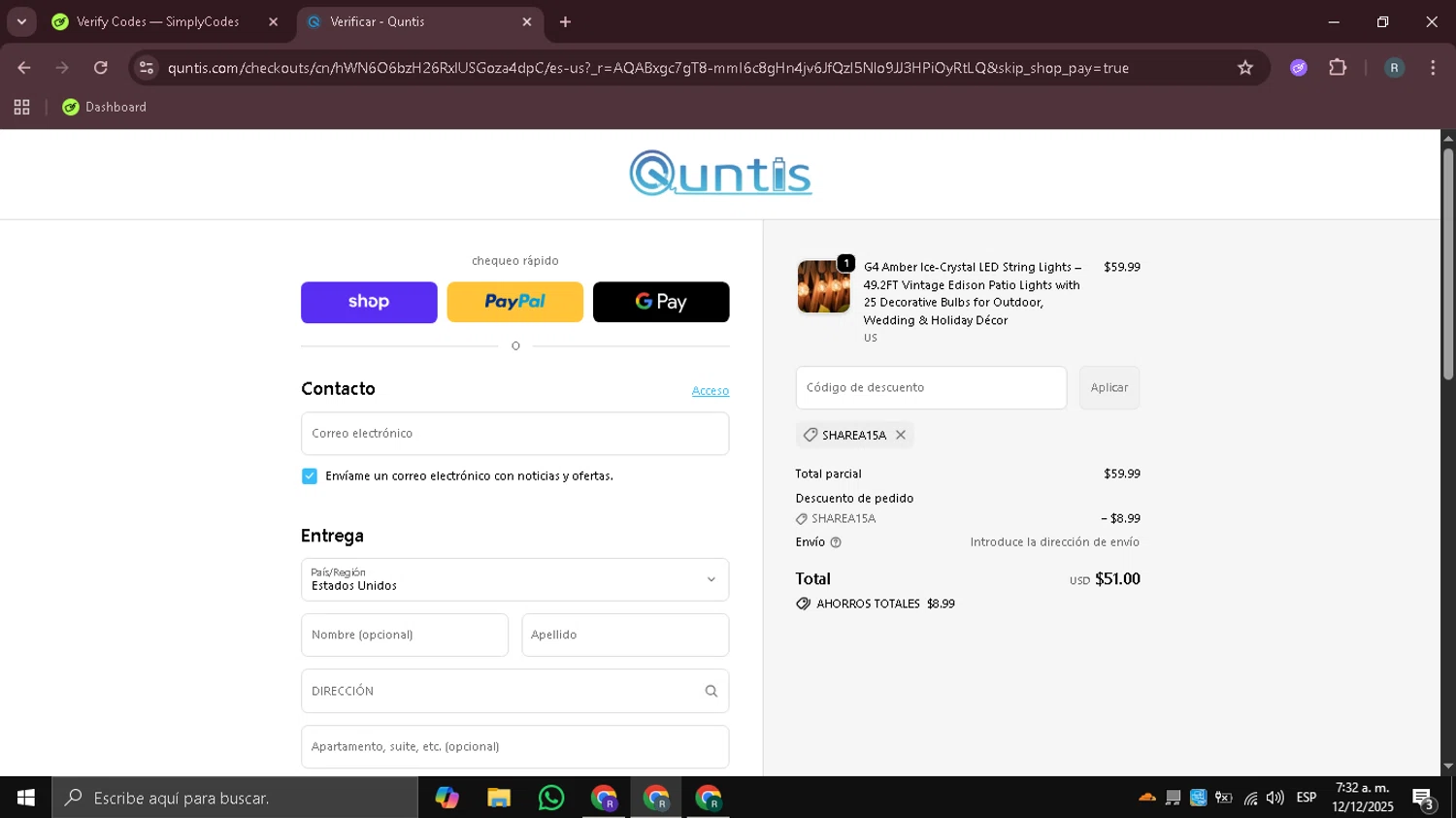 Quntis promo code screenshot showing code SHAREA15A applied at Quntis checkout page. Uploaded by SimplyCodes community member DealHawk3765 on Dec 13, 2025