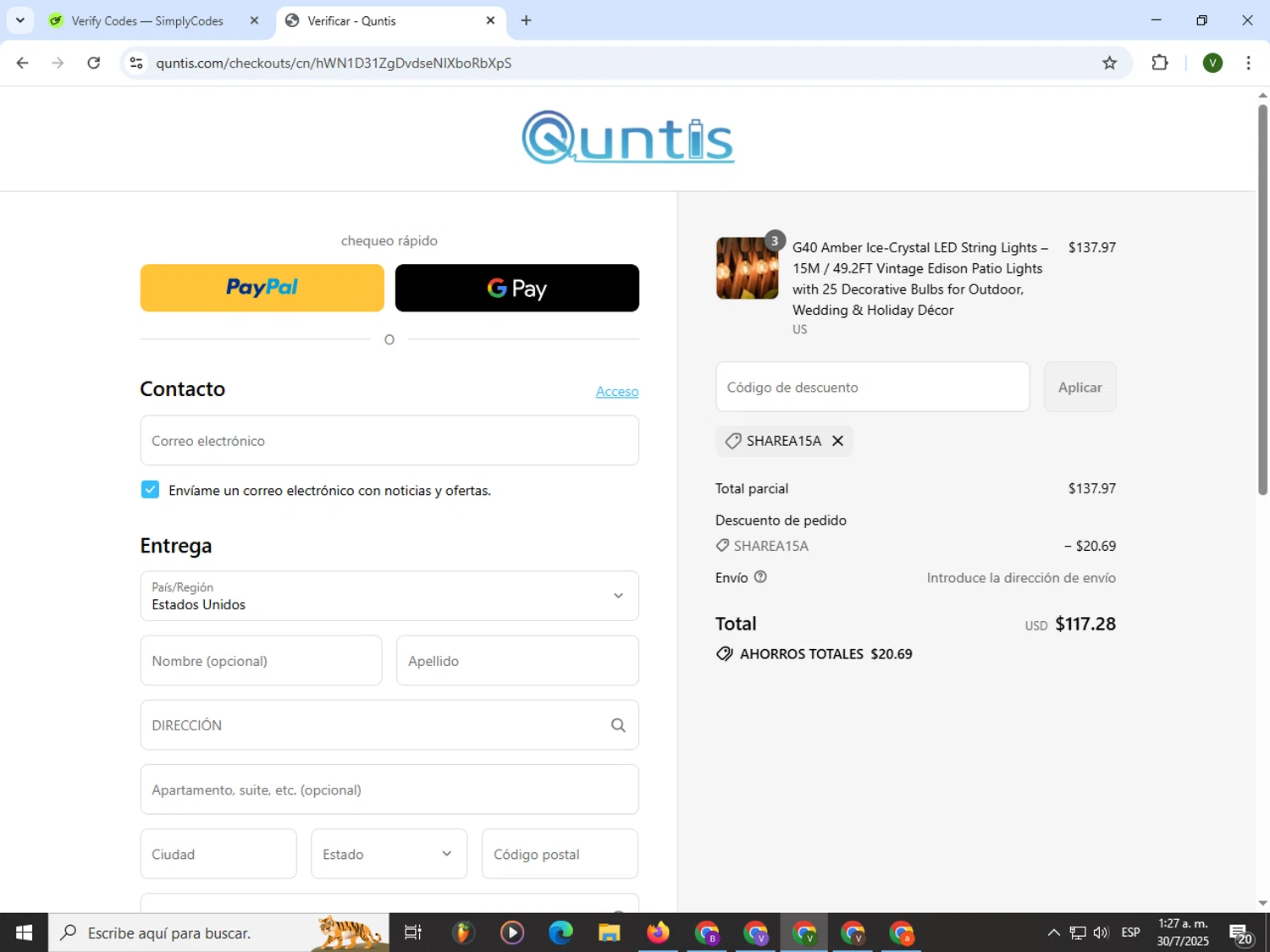 Quntis promo code screenshot showing code SHAREA15A applied at Quntis checkout page. Uploaded by SimplyCodes community member PrimeWizard4168 on Jul 30, 2025