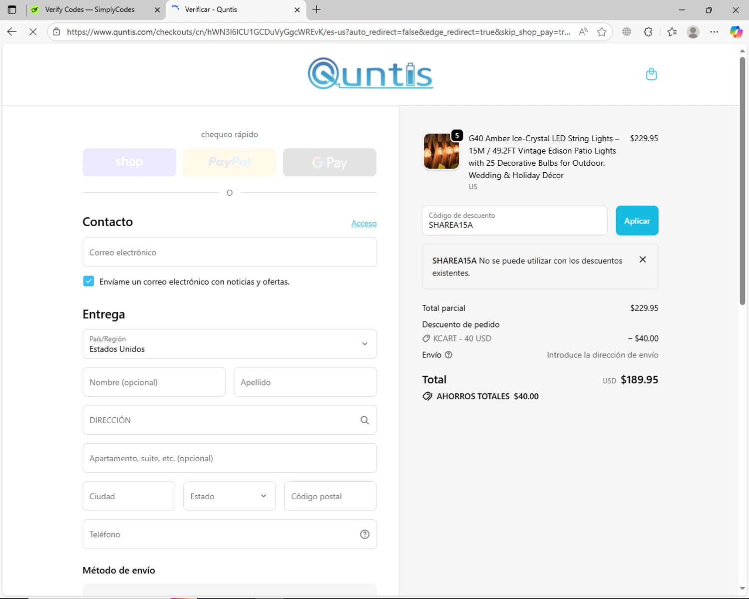 Quntis promo code screenshot showing code SHAREA15A applied at Quntis checkout page. Uploaded by SimplyCodes community member jhoanDepp on Oct 5, 2025