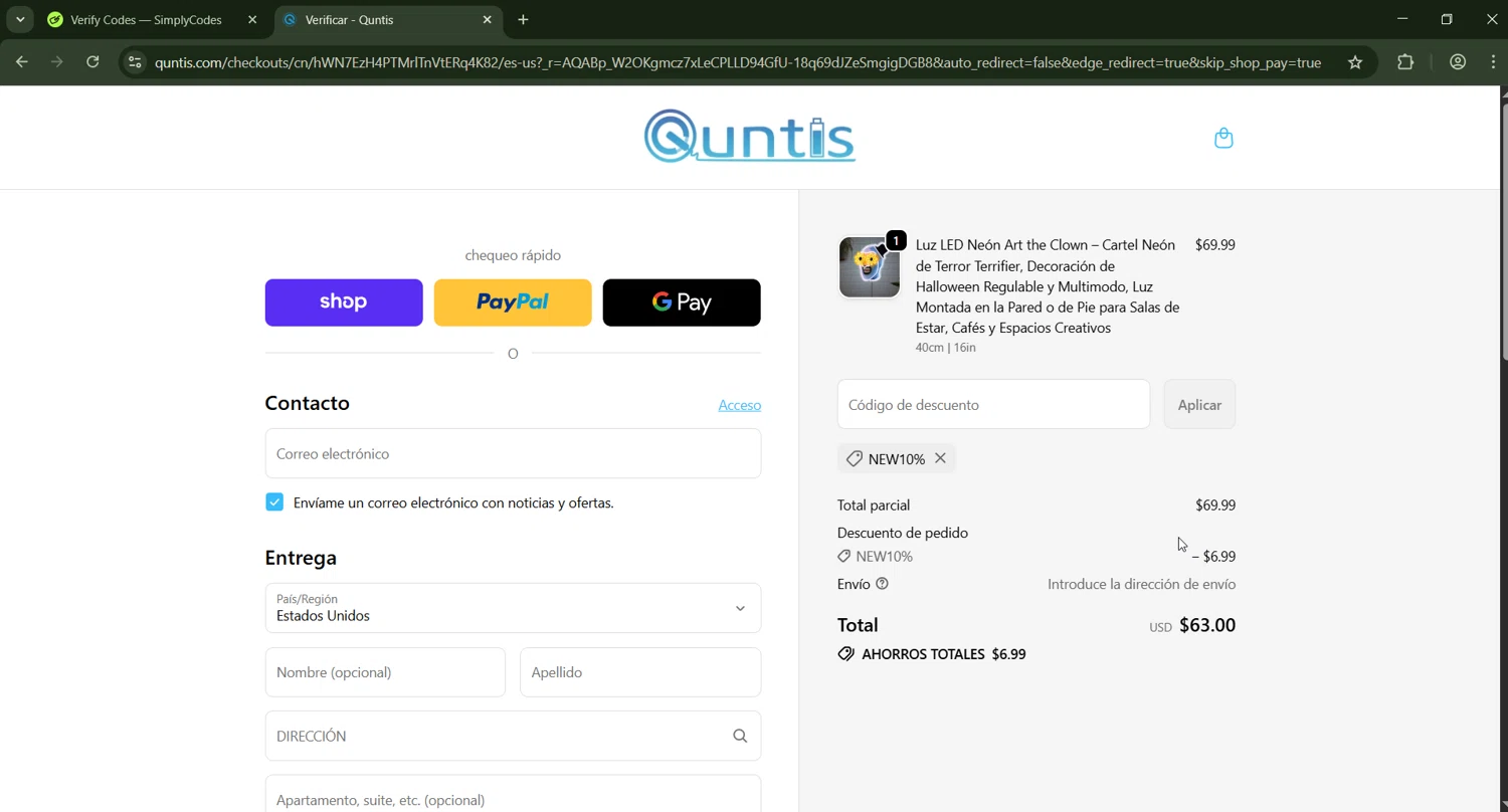 Quntis promo code screenshot showing code NEW10% applied at Quntis checkout page. Uploaded by SimplyCodes community member CashWizard4502 on Jan 5, 2026