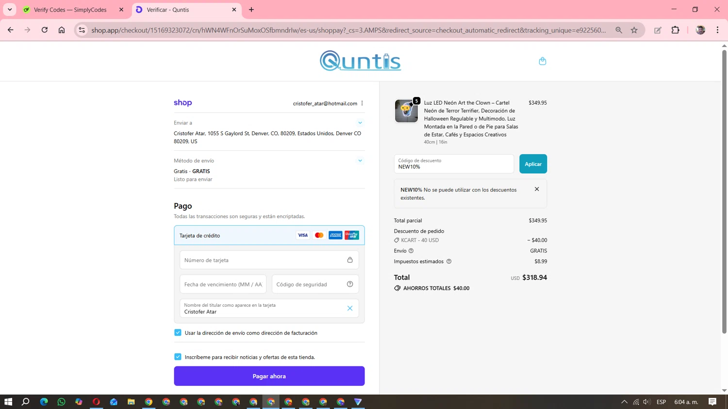 Quntis promo code screenshot showing code NEW10% applied at Quntis checkout page. Uploaded by SimplyCodes community member DavGutFig on Oct 25, 2025