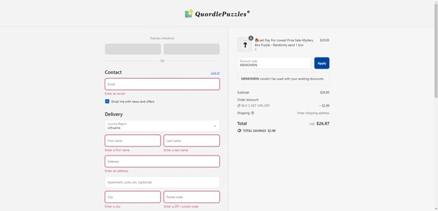 Quordle Puzzles checkout page showing Quordle Puzzles coupon code box | Screenshot taken by SimplyCodes community member on Sep 6, 2025