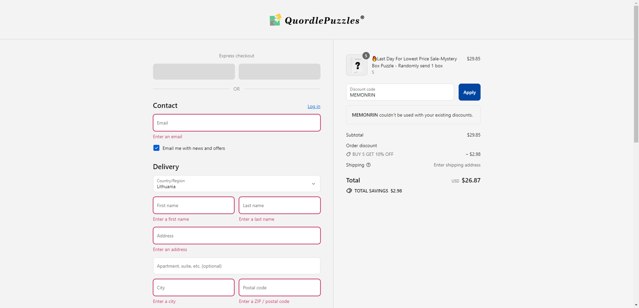 Quordle Puzzles checkout page showing Quordle Puzzles coupon code box | Screenshot taken by SimplyCodes community member on Sep 6, 2025