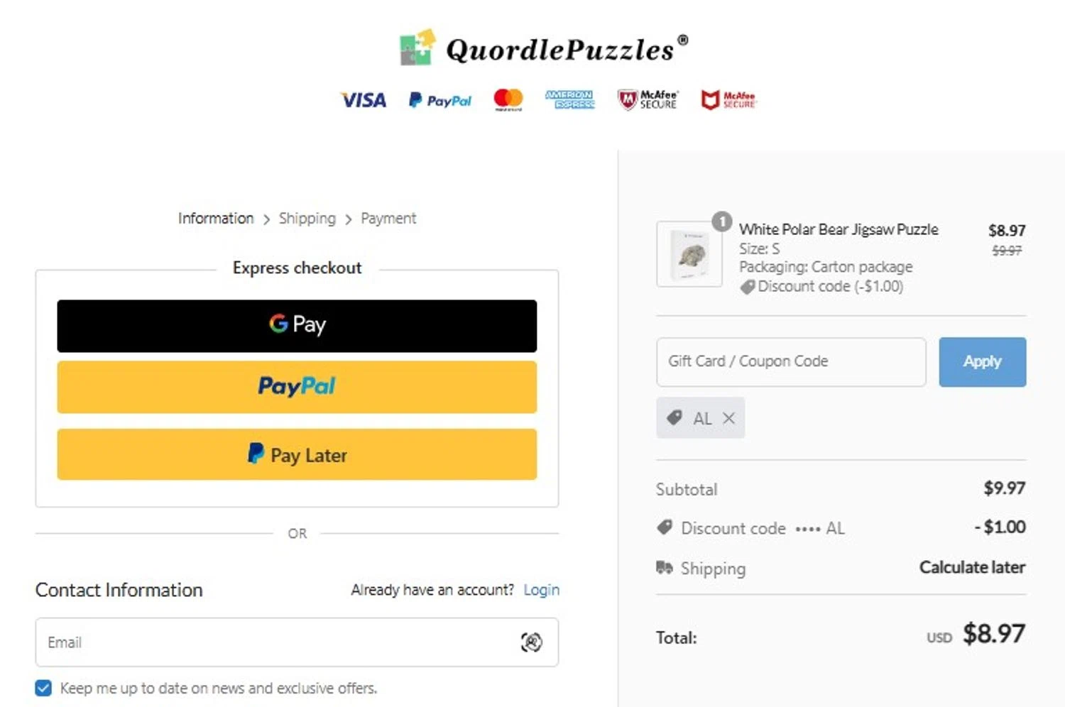 Quordlepuzzles promo code screenshot showing code AL applied at Quordlepuzzles checkout page. Uploaded by SimplyCodes community member mandrakke on Jun 12, 2026