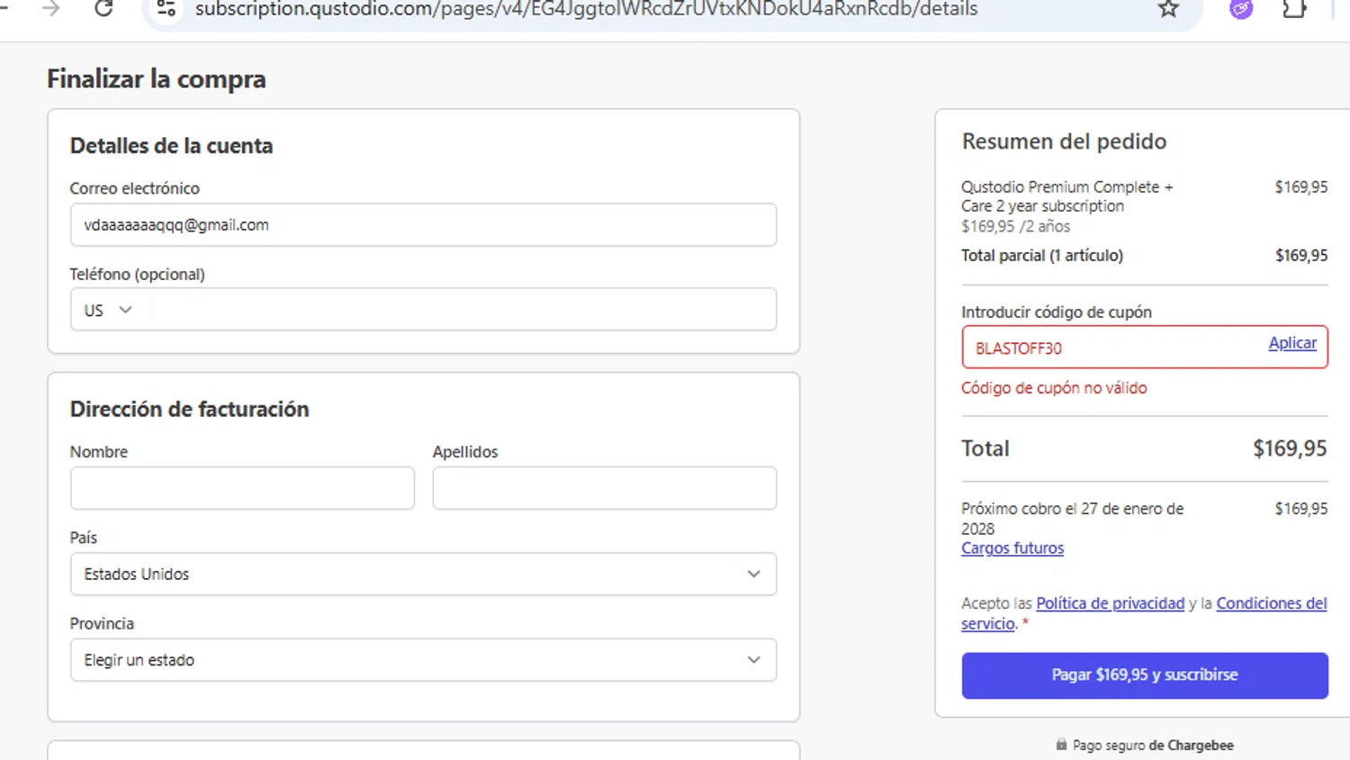 Qustodio promo code screenshot showing code BLASTOFF30 applied at Qustodio checkout page. Uploaded by SimplyCodes community member RewardFinder4836 on Jan 27, 2026