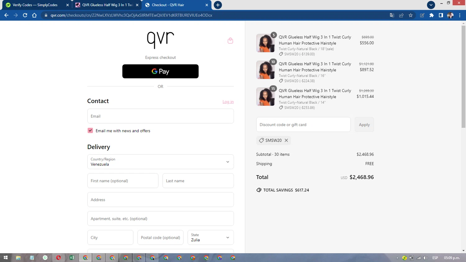 QVR Hair discount code screenshot showing code SMSW20 applied at QVR Hair checkout page. Uploaded by SimplyCodes community member DavidMGF on Jun 26, 2025