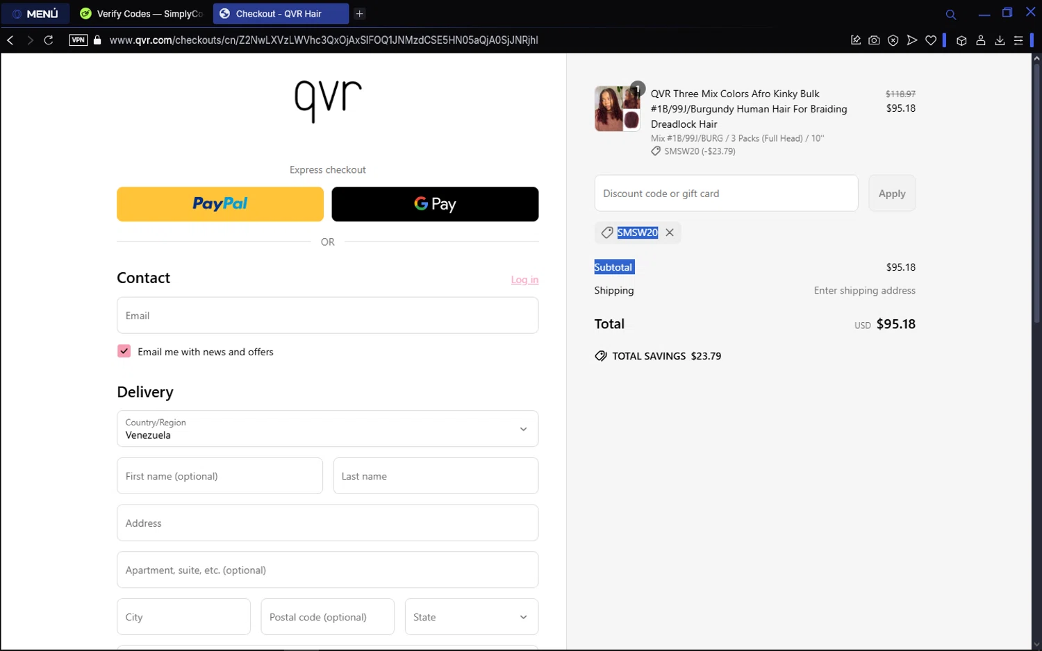 QVR Hair discount code screenshot showing code SMSW20 applied at QVR Hair checkout page. Uploaded by SimplyCodes community member Matrixx on Mar 31, 2025