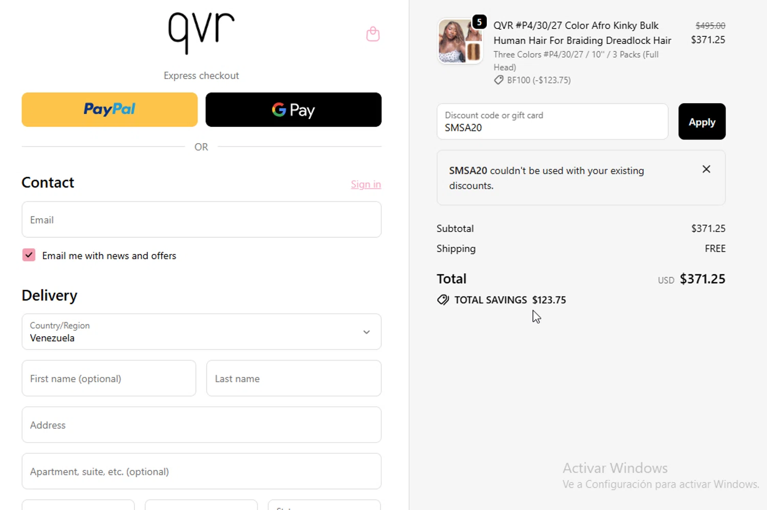 QVR Hair discount code screenshot showing code SMSA20 applied at QVR Hair checkout page. Uploaded by SimplyCodes community member BudgetGuardian5712 on Oct 24, 2025
