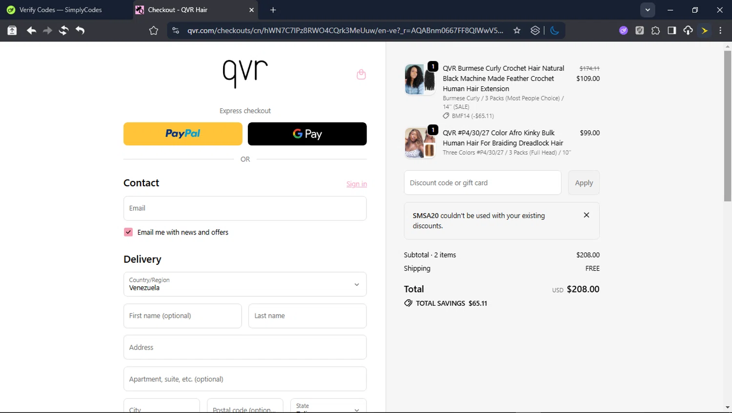 QVR Hair discount code screenshot showing code SMSA20 applied at QVR Hair checkout page. Uploaded by SimplyCodes community member userrandon on Jan 28, 2026