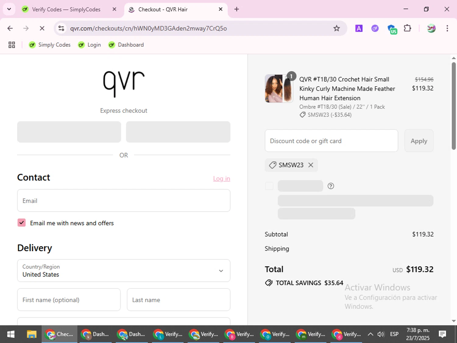 QVR Hair discount code screenshot showing code SMSW23 applied at QVR Hair checkout page. Uploaded by SimplyCodes community member SilverExpert5694 on Jul 23, 2025