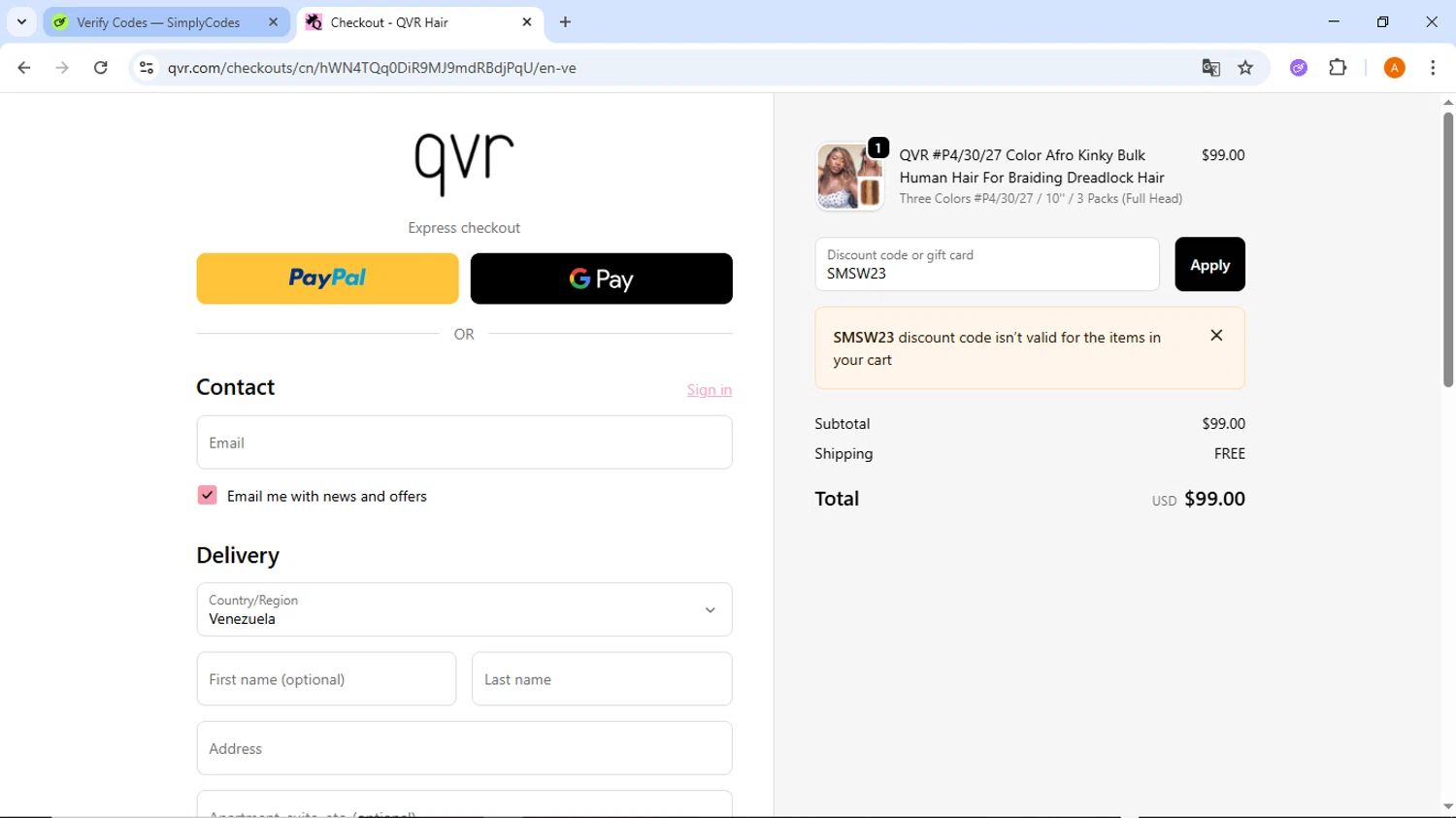 QVR Hair discount code screenshot showing code SMSW23 applied at QVR Hair checkout page. Uploaded by SimplyCodes community member ThriftyMaverick437 on Oct 24, 2025
