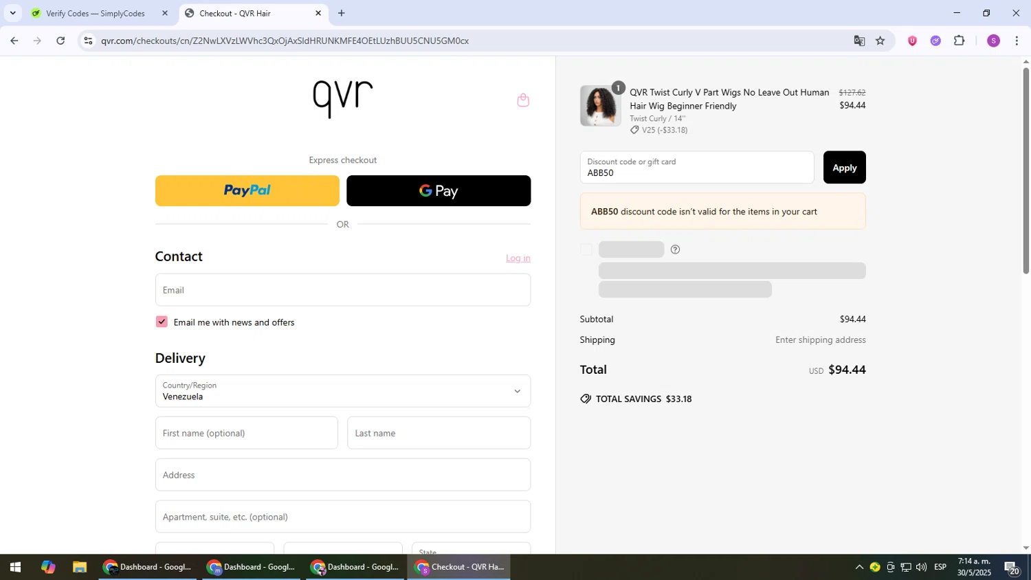 QVR Hair discount code screenshot showing code ABB50 applied at QVR Hair checkout page. Uploaded by SimplyCodes community member Son_Goku on May 30, 2025