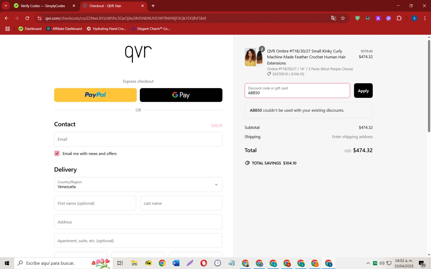 QVR Hair discount code screenshot showing code ABB50 applied at QVR Hair checkout page. Uploaded by SimplyCodes community member CleverOwl2485 on Apr 20, 2025