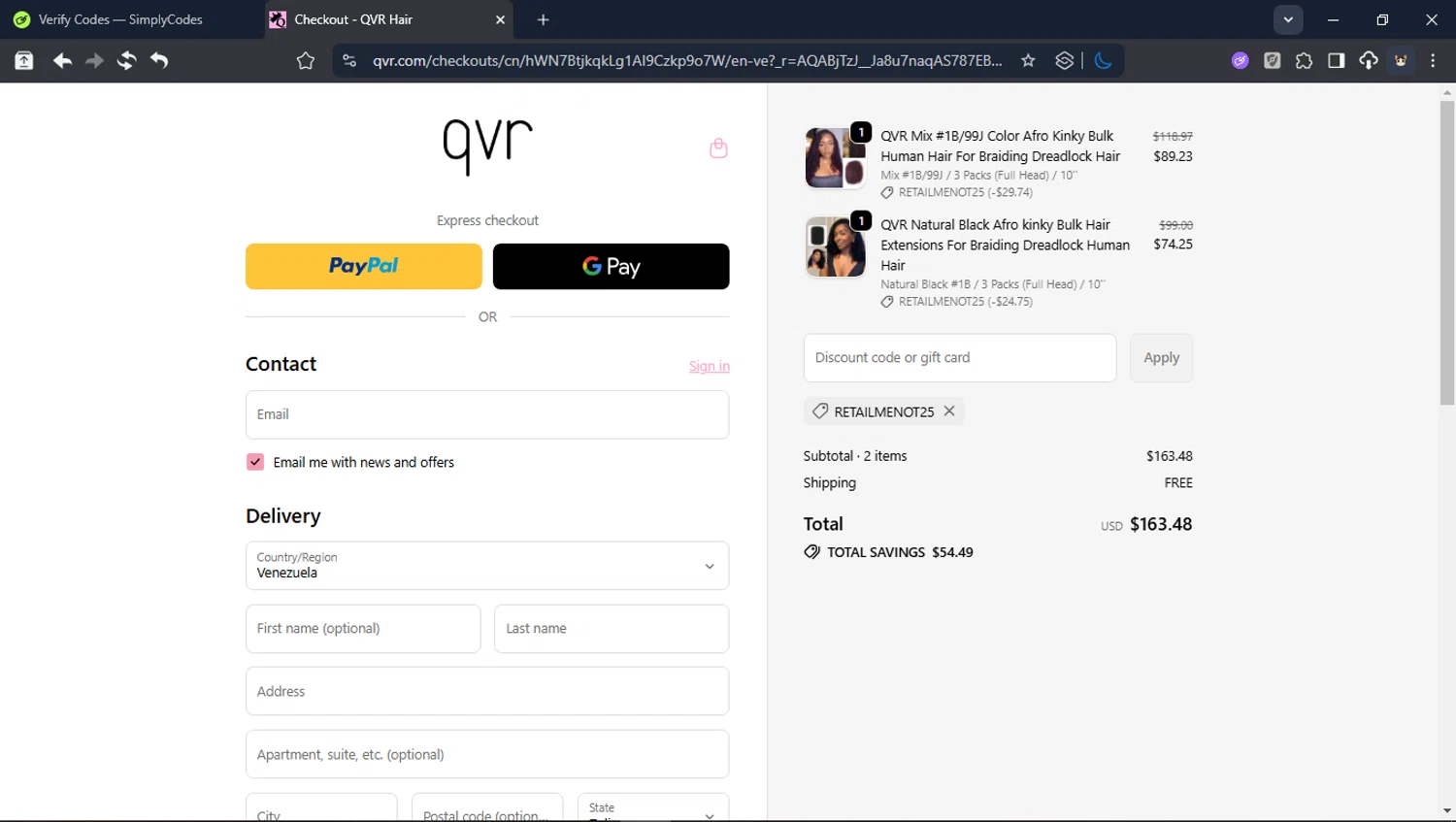 QVR Hair discount code screenshot showing code retailmenot25 applied at QVR Hair checkout page. Uploaded by SimplyCodes community member Userr2 on Jan 3, 2026