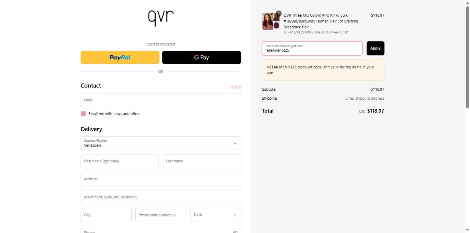 QVR Hair discount code screenshot showing code retailmenot25 applied at QVR Hair checkout page. Uploaded by SimplyCodes community member the_loose_cannon on Mar 30, 2025