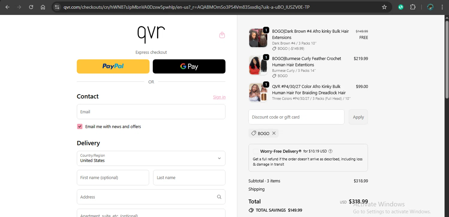 QVR Hair checkout page showing QVR Hair discount code box | Screenshot taken by SimplyCodes community member on Feb 14, 2026