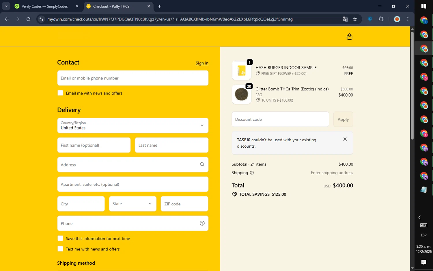 QWIN checkout page showing QWIN discount code box | Screenshot taken by SimplyCodes community member on Feb 12, 2026