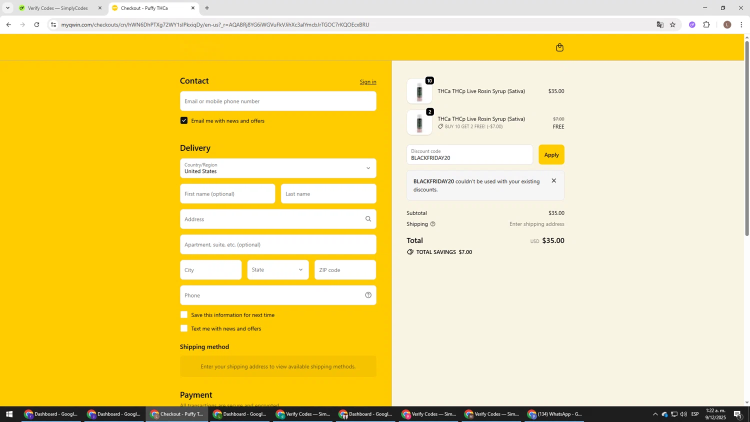 QWIN discount code screenshot showing code BLACKFRIDAY20 applied at QWIN checkout page. Uploaded by SimplyCodes community member BENELLI on Dec 9, 2025