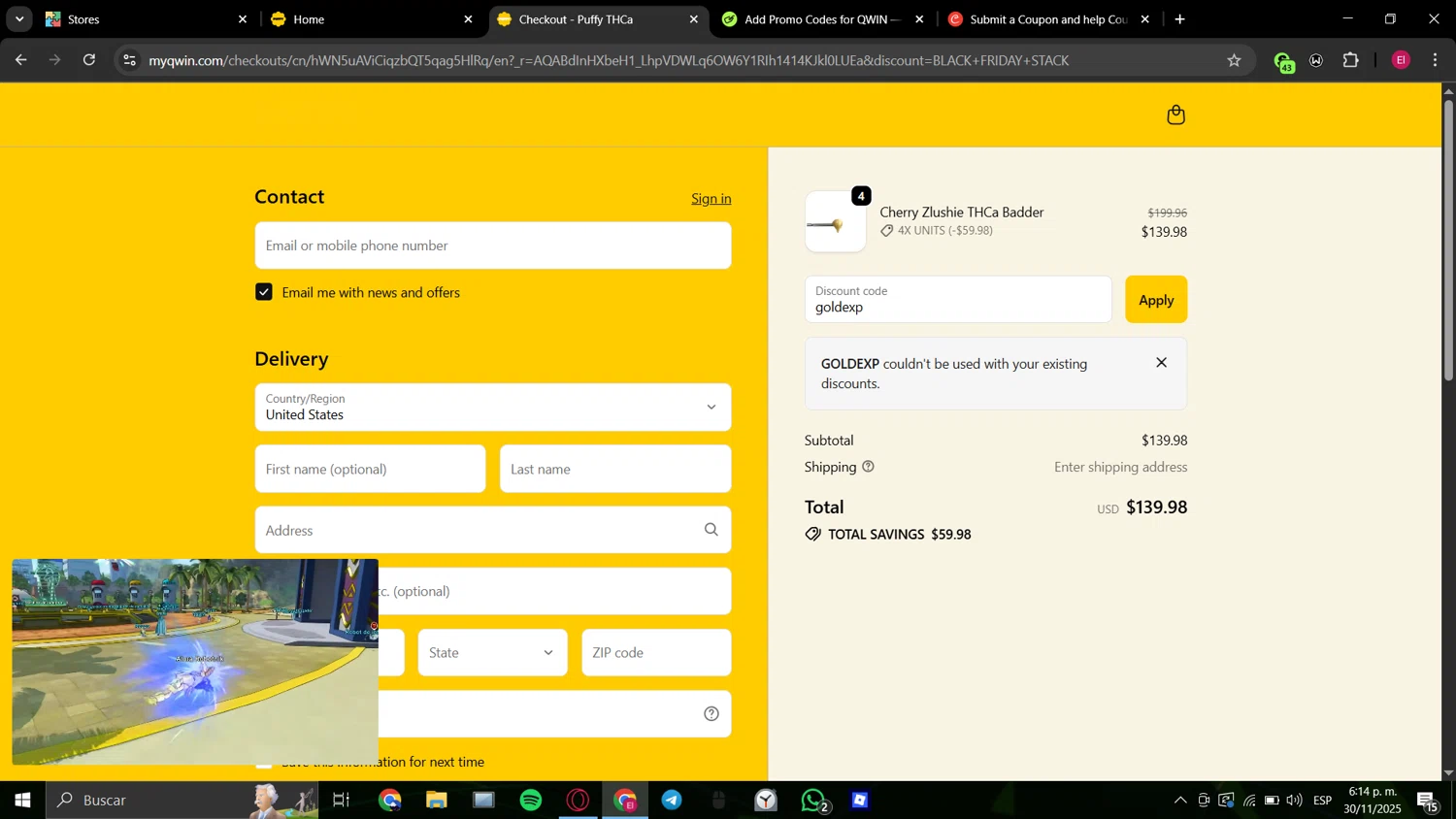 QWIN discount code screenshot showing code goldexp applied at QWIN checkout page. Uploaded by SimplyCodes community member TheWeeknd on Nov 30, 2025
