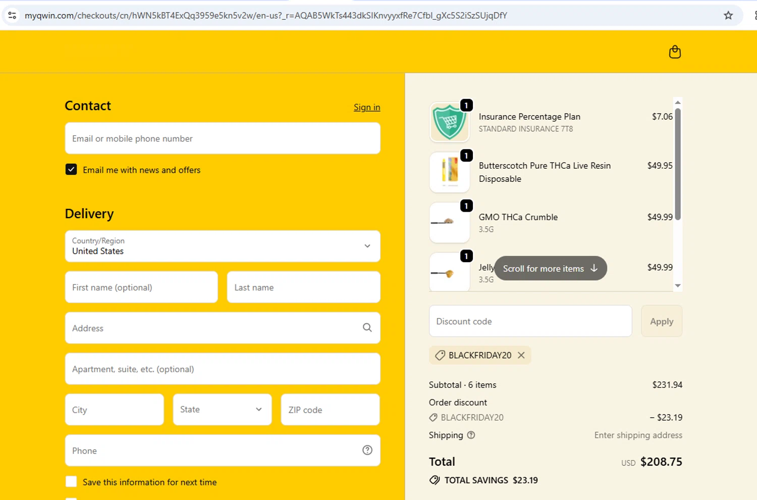 QWIN discount code screenshot showing code BLACKFRIDAY20 applied at QWIN checkout page. Uploaded by SimplyCodes community member peterlee2345429f on Nov 26, 2025
