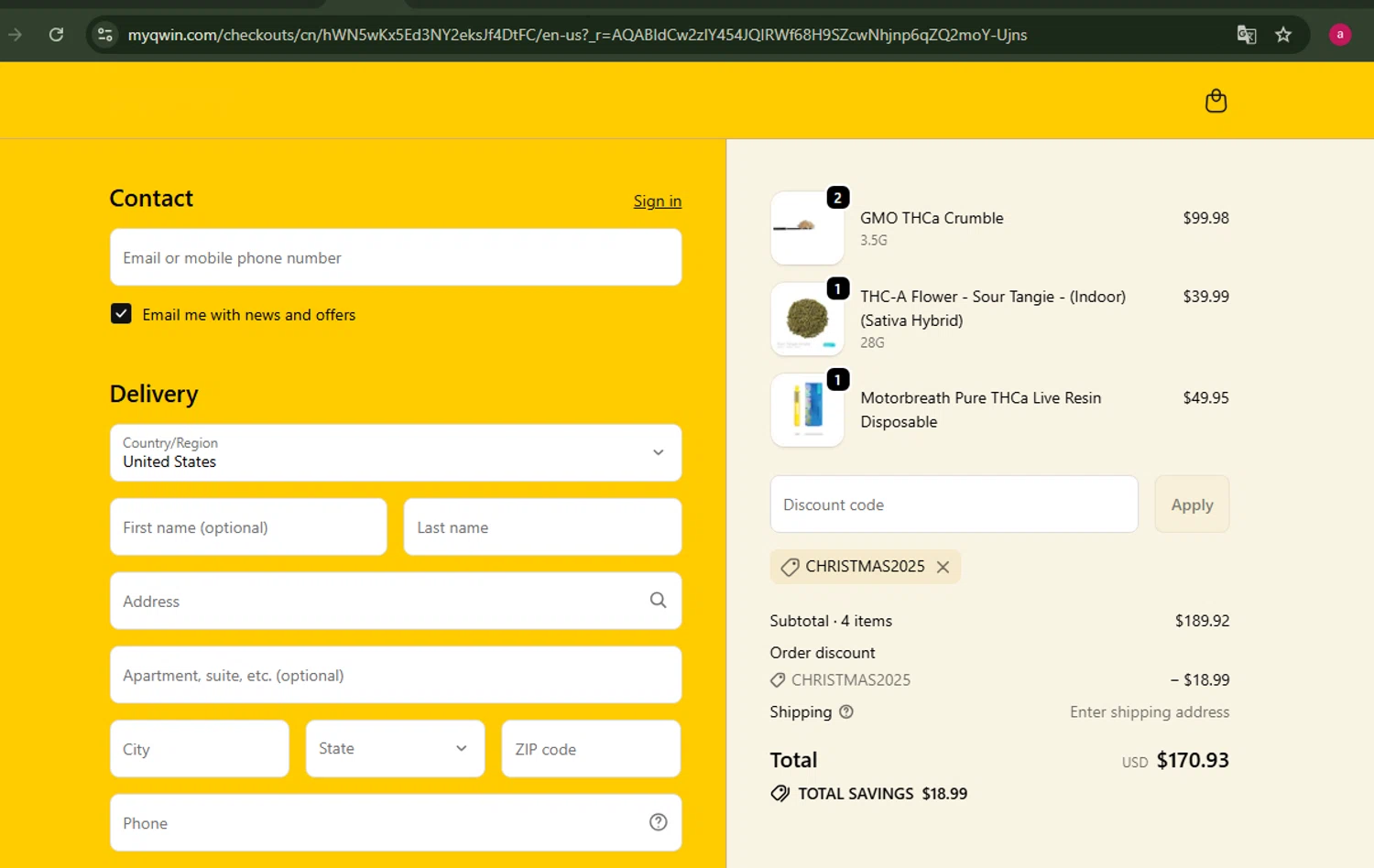 QWIN discount code screenshot showing code CHRISTMAS2025 applied at QWIN checkout page. Uploaded by SimplyCodes community member peterlee2345429f on Dec 1, 2025