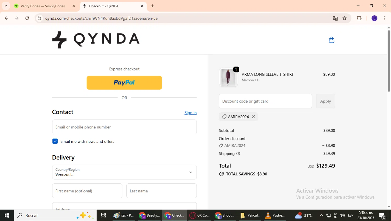 Qynda discount code screenshot showing code AMIRA2024 applied at Qynda checkout page. Uploaded by SimplyCodes community member CrownPhoenix4297 on Oct 23, 2025