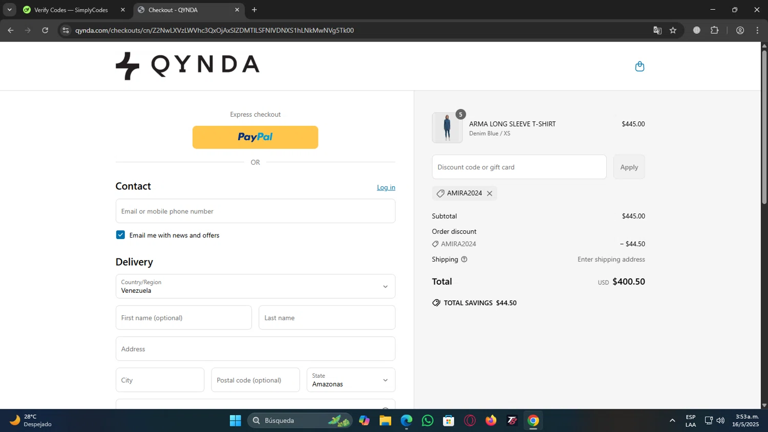 Qynda discount code screenshot showing code AMIRA2024 applied at Qynda checkout page. Uploaded by SimplyCodes community member jechtff10 on May 16, 2025