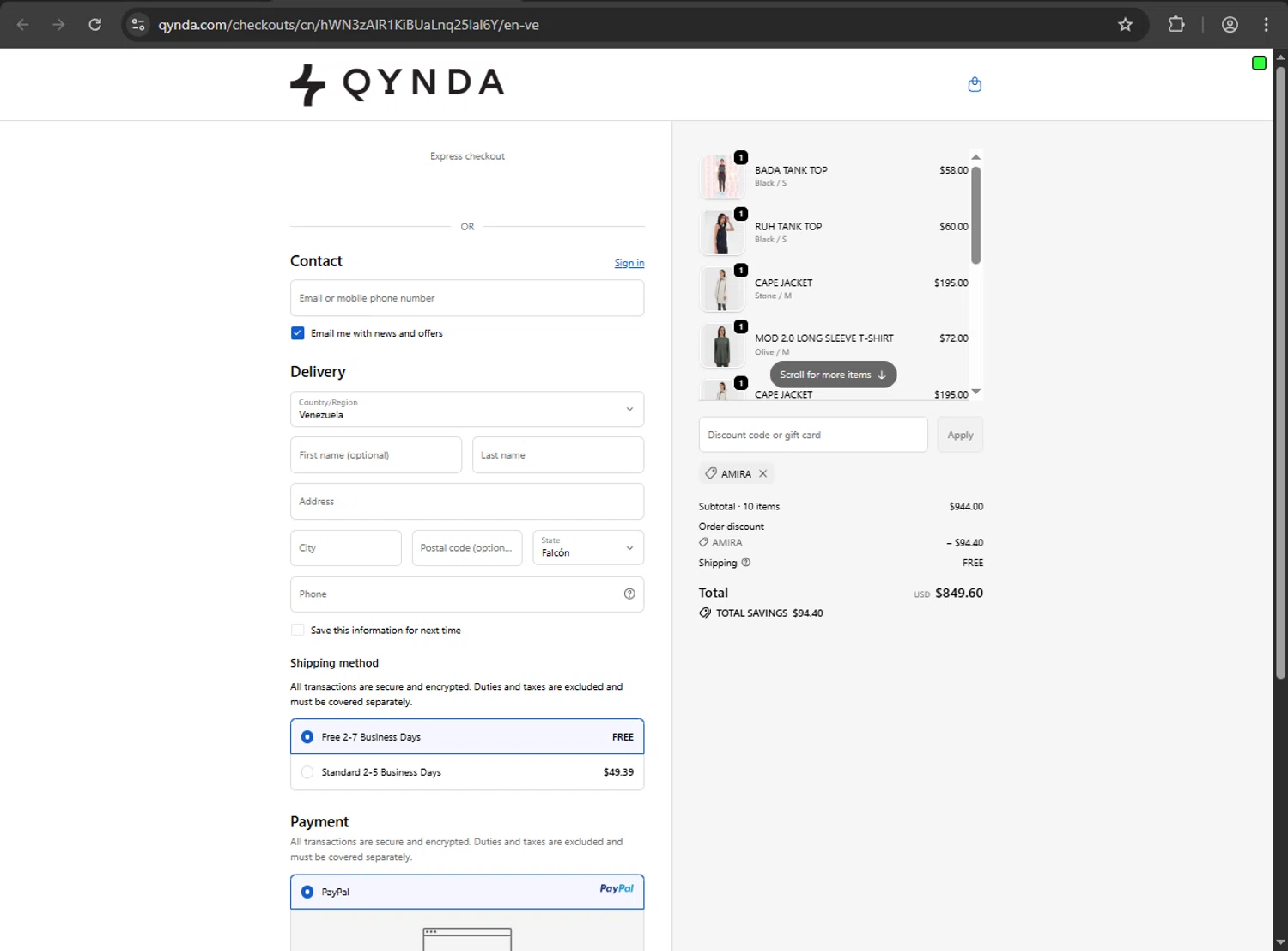 Qynda discount code screenshot showing code AMIRA applied at Qynda checkout page. Uploaded by SimplyCodes community member MRDEAL on Oct 11, 2025