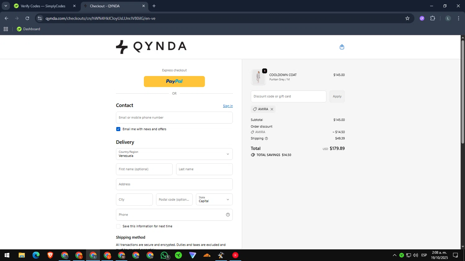 Qynda discount code screenshot showing code AMIRA applied at Qynda checkout page. Uploaded by SimplyCodes community member RewardExpert2936 on Oct 19, 2025