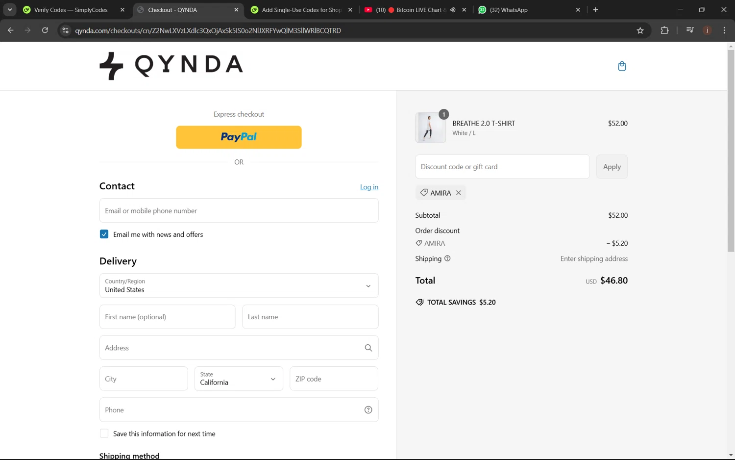 Qynda discount code screenshot showing code AMIRA applied at Qynda checkout page. Uploaded by SimplyCodes community member juanx1702 on Mar 4, 2025