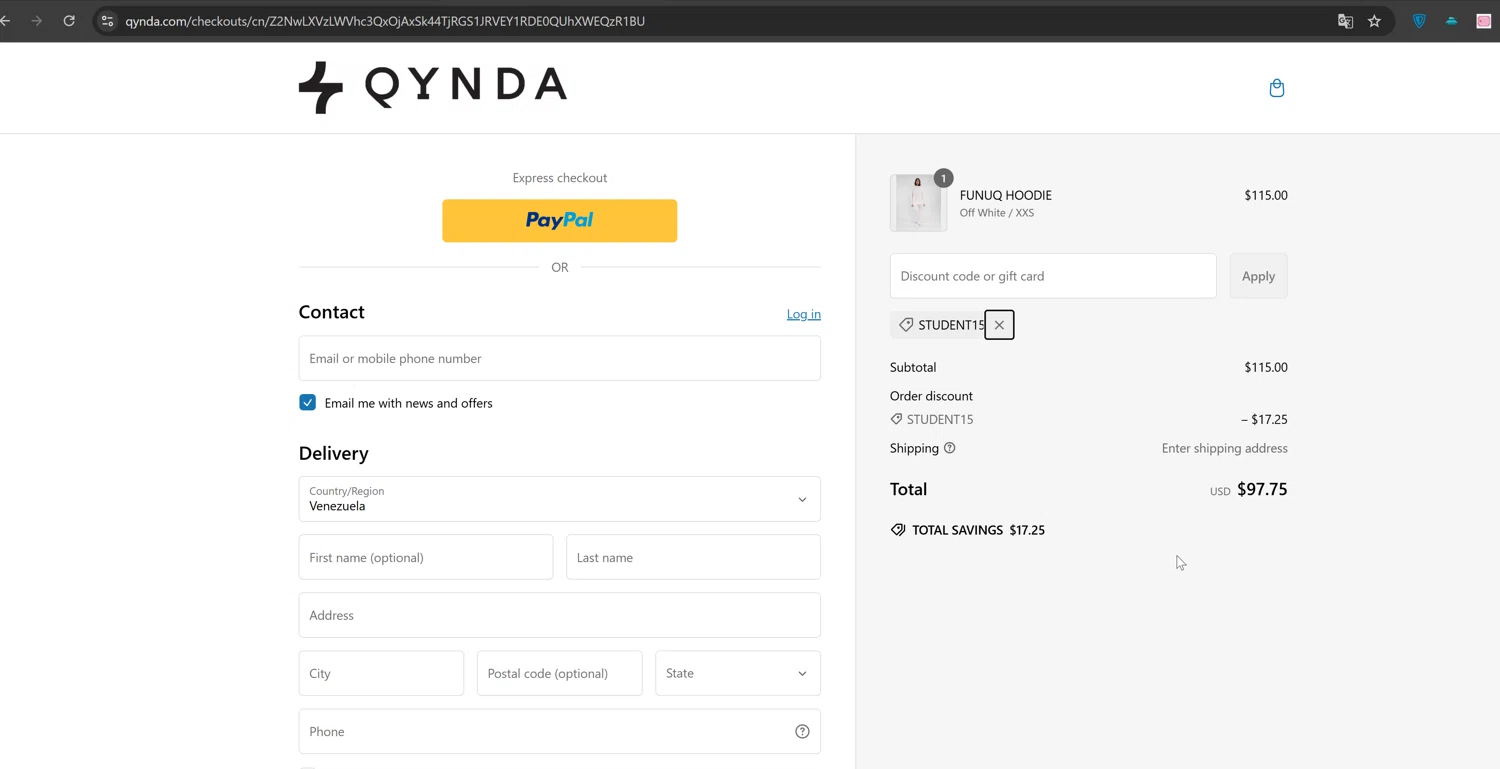 Qynda discount code screenshot showing code STUDENT15 applied at Qynda checkout page. Uploaded by SimplyCodes community member ValiantTiger4704 on Mar 1, 2025