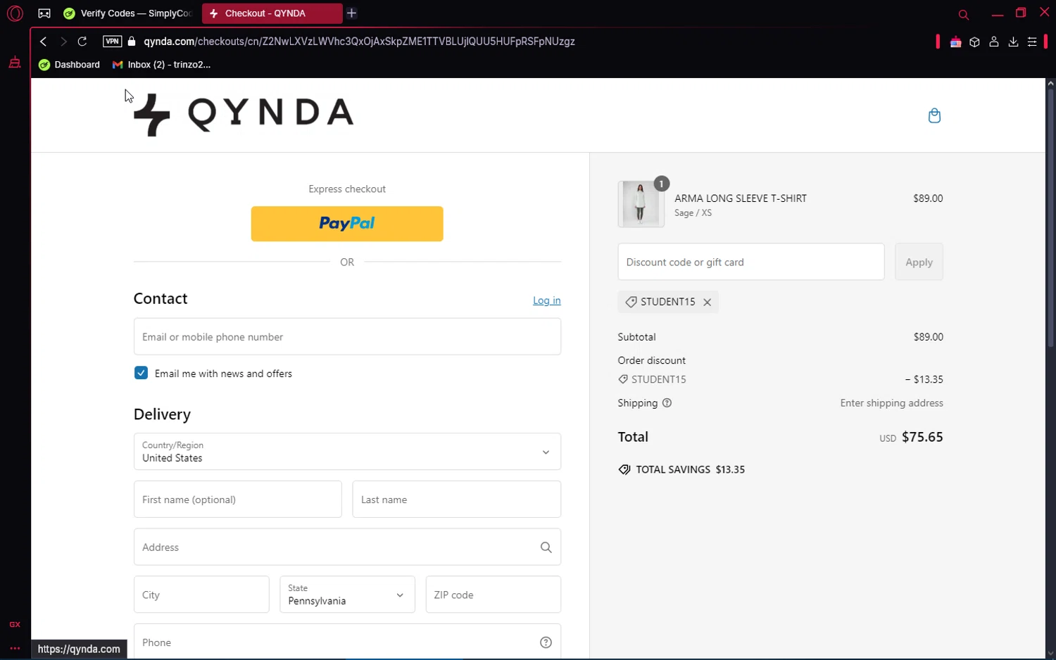 Qynda discount code screenshot showing code STUDENT15 applied at Qynda checkout page. Uploaded by SimplyCodes community member SaleRanger1759 on Jan 31, 2025