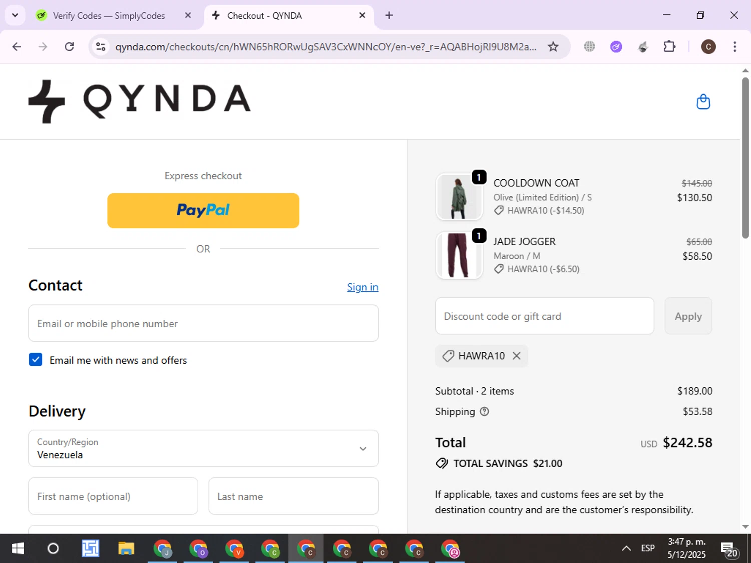 Qynda discount code screenshot showing code Hawra10 applied at Qynda checkout page. Uploaded by SimplyCodes community member ExtraordinaryPro8536 on Dec 5, 2025