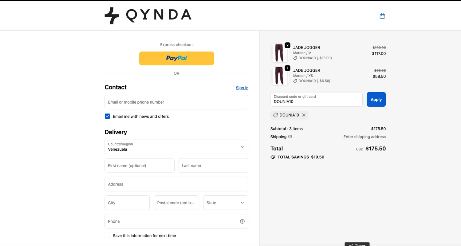 Qynda discount code screenshot showing code DOUNIA10 applied at Qynda checkout page. Uploaded by SimplyCodes community member ELOIN777 on Oct 20, 2025