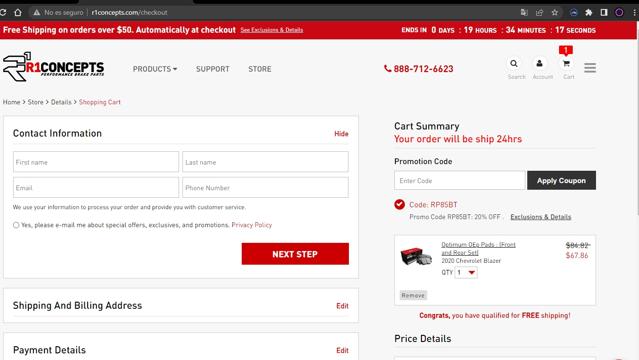 R1 Concepts checkout page showing R1 Concepts promo code box | Screenshot taken by SimplyCodes community member on Oct 13, 2022