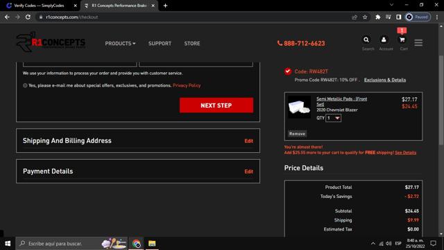 R1 Concepts checkout page showing R1 Concepts promo code box | Screenshot taken by SimplyCodes community member on Oct 25, 2022