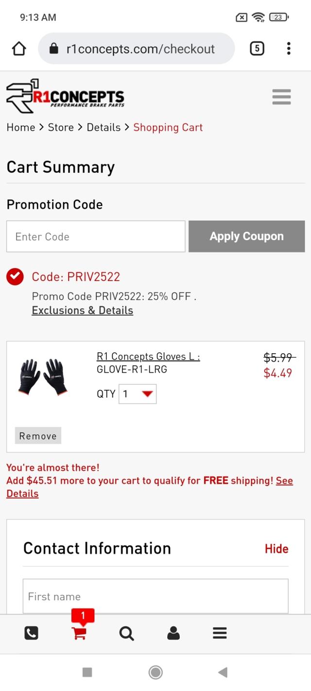 R1 Concepts checkout page showing R1 Concepts promo code box | Screenshot taken by SimplyCodes community member on Apr 25, 2022