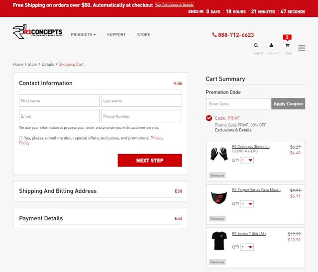 R1 Concepts checkout page showing R1 Concepts promo code box | Screenshot taken by SimplyCodes community member on Oct 7, 2022
