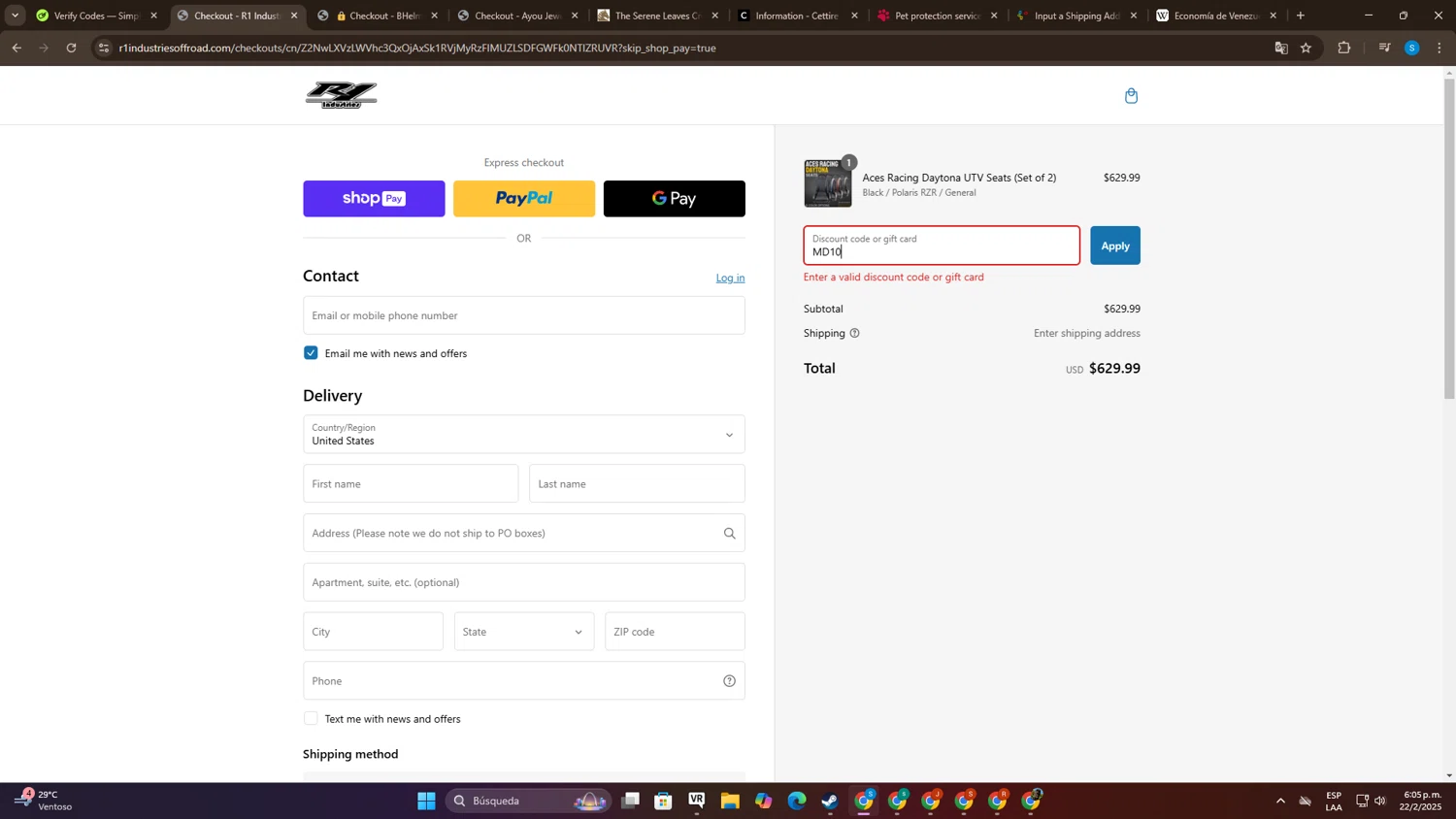 R1 Industries discount code screenshot showing code MD10 applied at R1 Industries checkout page. Uploaded by SimplyCodes community member SalvadorC1 on Feb 22, 2025