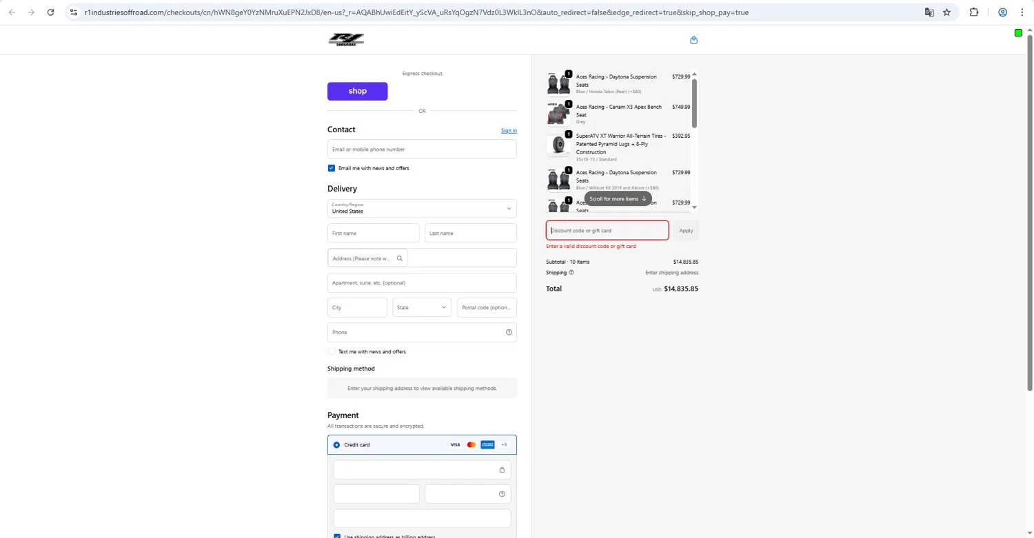 R1 Industries discount code screenshot showing code MD10 applied at R1 Industries checkout page. Uploaded by SimplyCodes community member megagei on Feb 12, 2026