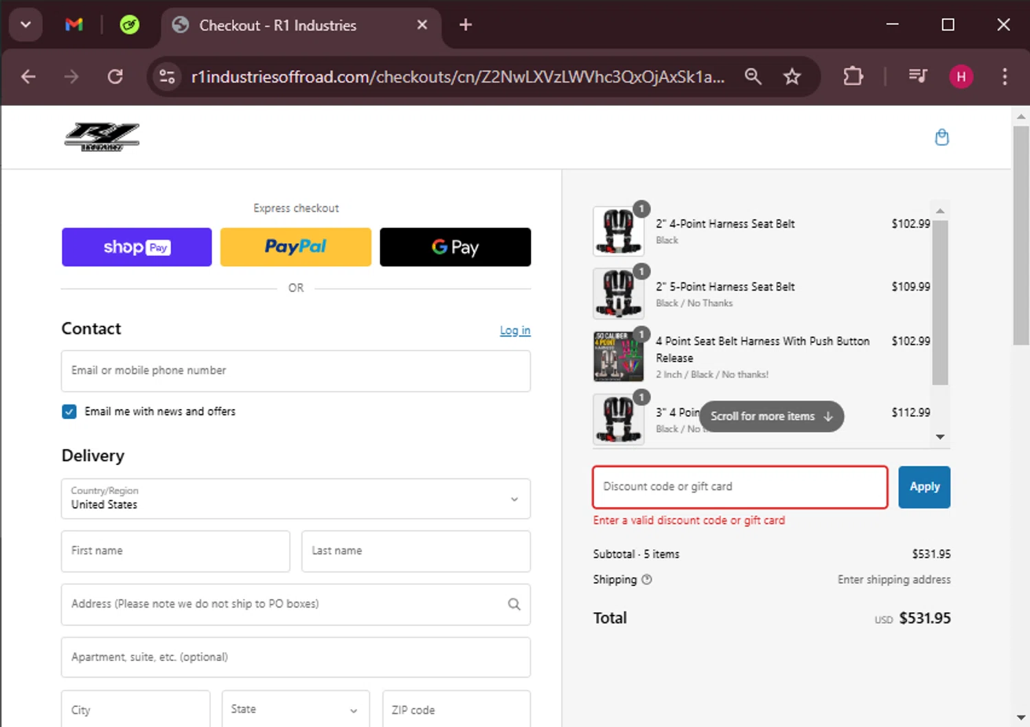 R1 Industries discount code screenshot showing code NXF946GC applied at R1 Industries checkout page. Uploaded by SimplyCodes community member RewardWarden8289 on Feb 25, 2025