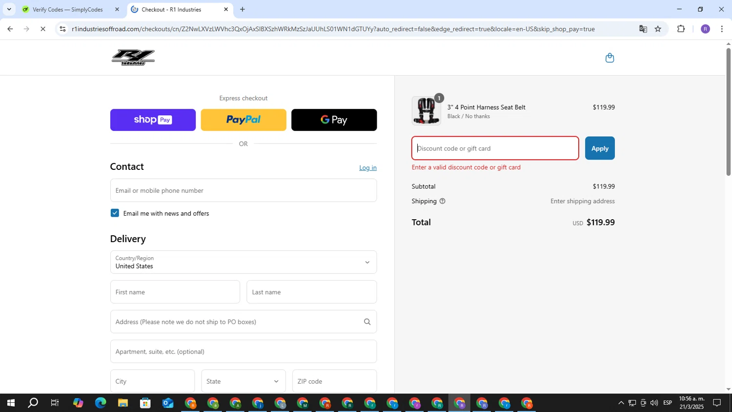 R1 Industries discount code screenshot showing code NXF946GC applied at R1 Industries checkout page. Uploaded by SimplyCodes community member CouponBoss4754 on Mar 21, 2025